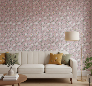 Living room wallpaper 70's pink daisy flowers - TenStickers
