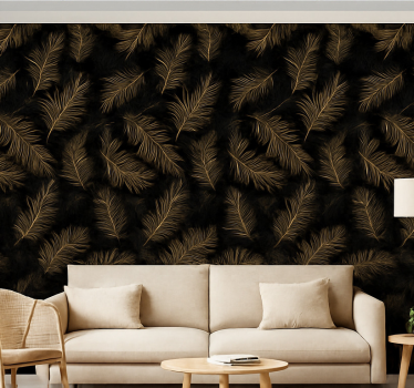 Living room wallpaper black with gold leaf design - TenStickers