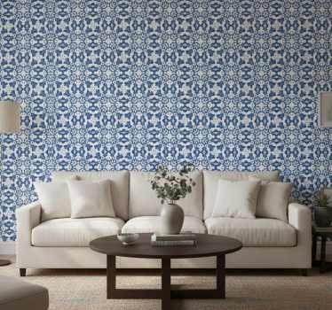Living room wallpaper blue vintage patterned tiles - TenStickers