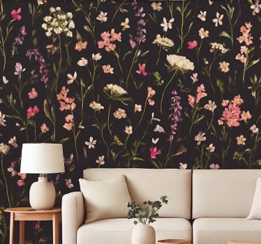 Living room wallpaper dark spring flowers - TenStickers