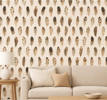 Living room wallpaper organic feather design - TenStickers