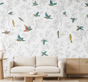 Living room wallpaper textile paradise bird leaf design - TenStickers