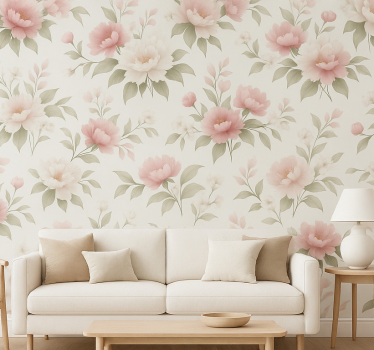 Living room wallpaper white pink peony floral - TenStickers