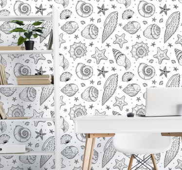 Marine life and seashells BLACK WHITE Ocean life wallpaper - TenStickers