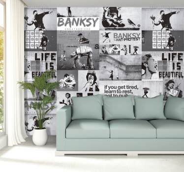 Modern wallpaper Banksy - grey collage - TenStickers