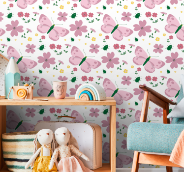 Pink Flowers butterfly wallpaper - TenStickers