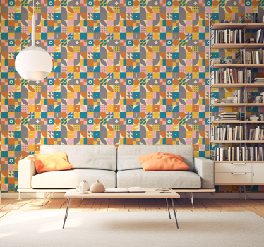 Retro style geometric motif front room wallpaper mural  - TenStickers