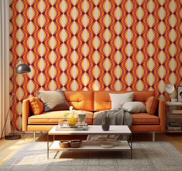 Retro orange wave motif front room wallpaper mural  - TenStickers
