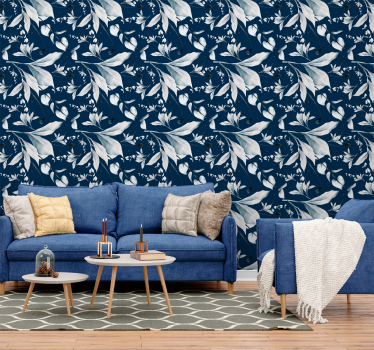 White leaves pattern Navy wallpaper - TenStickers